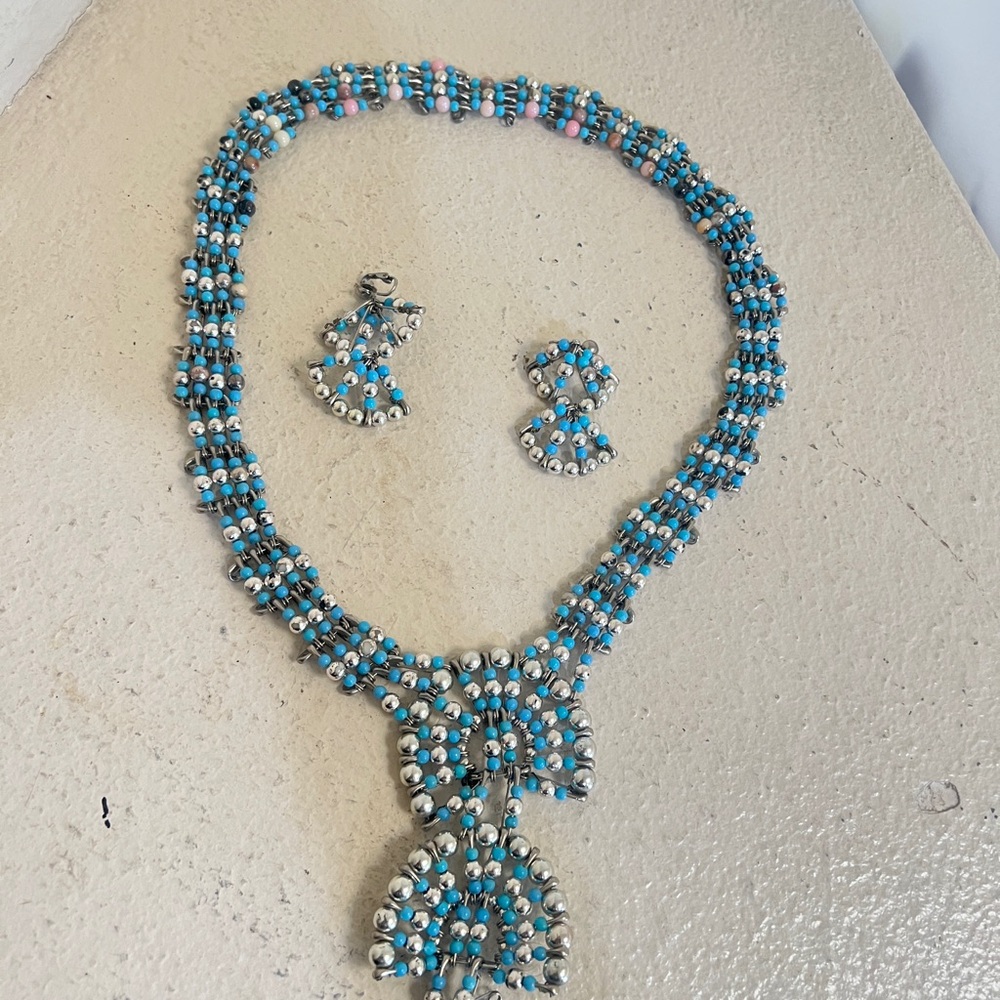 1970's Silvertone Turquoise Safety Pin Necklace & Earring Set Southwestern‎ - Picture 11 of 12